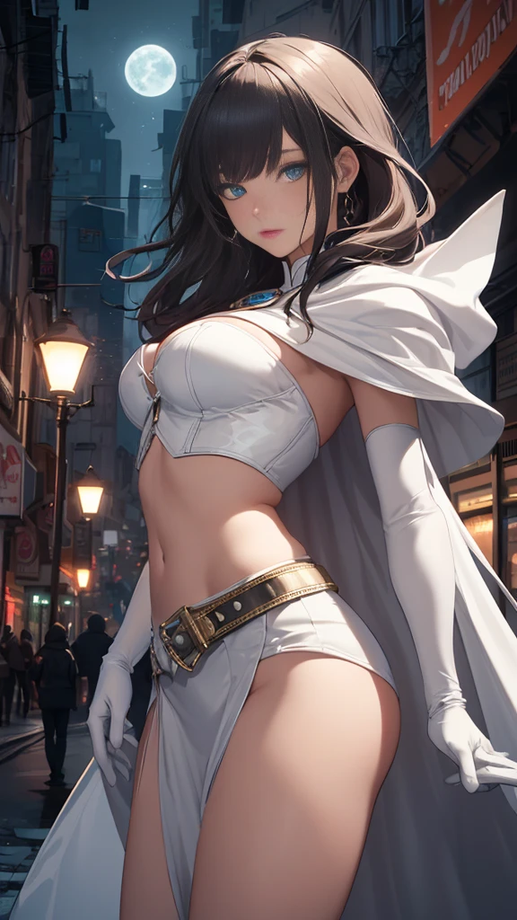 (Highly quality, masterpiece, detailed), night city detailed scenario, night city detailed background, solo, 1 woman, white opera gloves, white leather bodice, midriff, white cape, belt, beautiful eyes, look at the viewer, Sexy pose