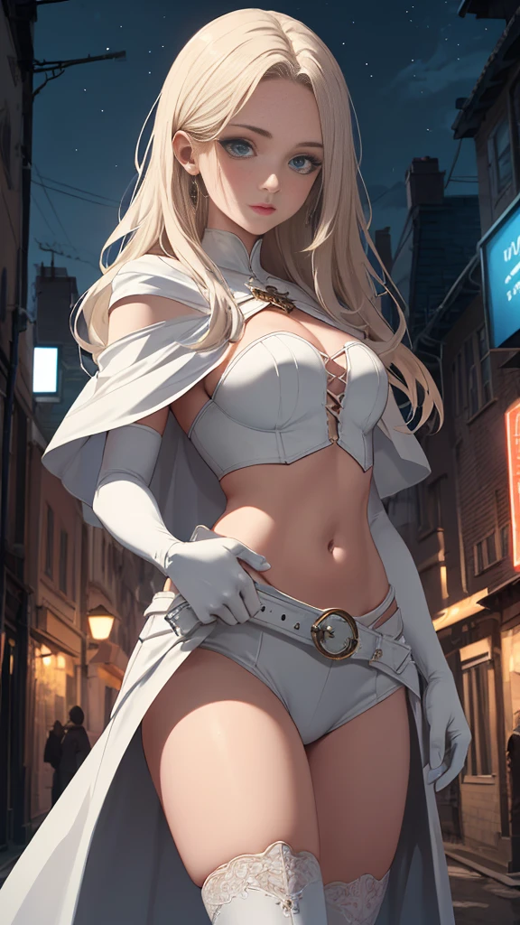 (Highly quality, masterpiece, detailed), night city detailed scenario, night city detailed background, solo, 1 woman, white opera gloves, white leather bodice, midriff, white cape, belt, beautiful eyes, look at the viewer, Sexy pose