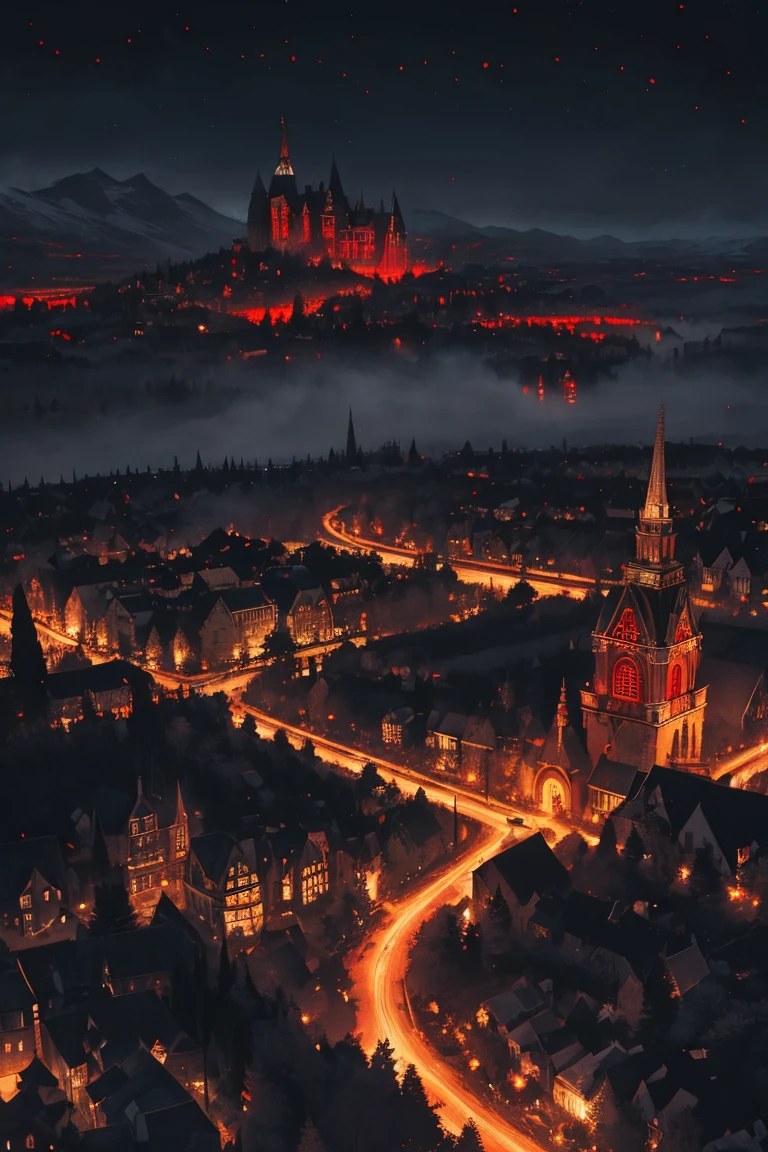 old European village shot with bird view, (Red glowing eyes), masterpiece, Depth of written boundary, Lutz, Gwaites style artwork, Gothic aesthetics, Dark Vampire village, ((in the dark gothic style cathle:1)), ((dark mid-night time:1.5)),