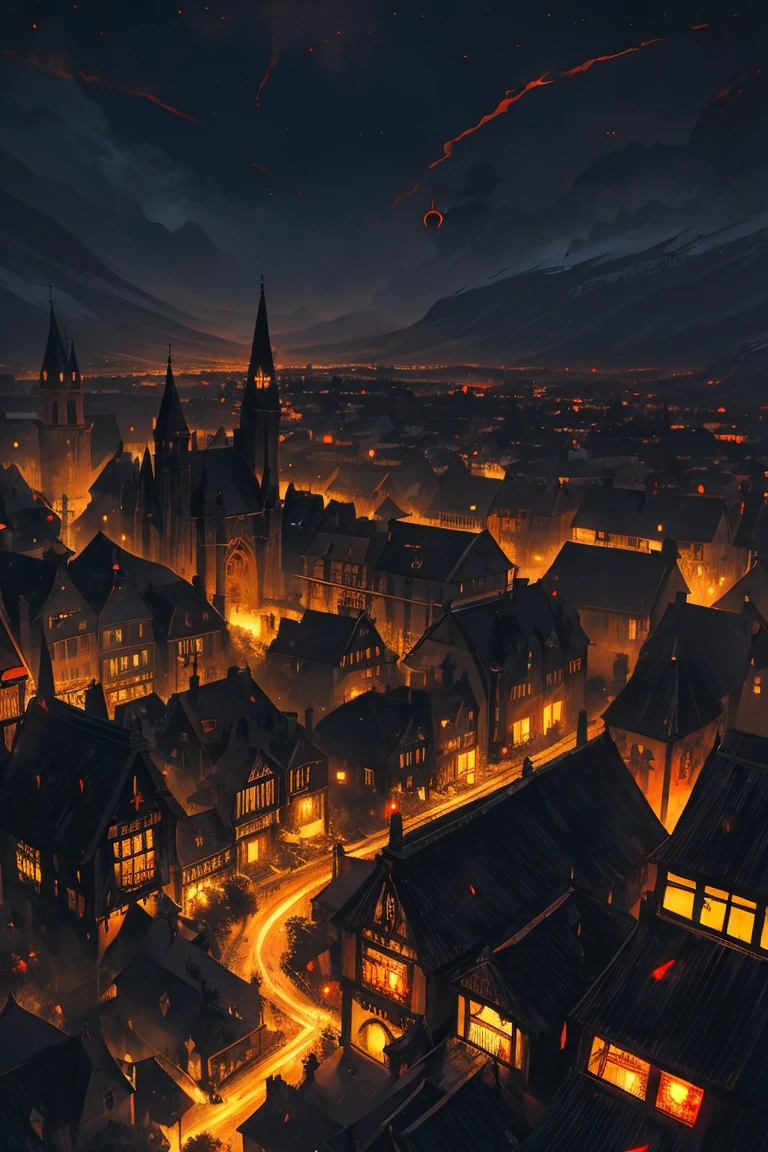 old European village shot with bird view, (Red glowing eyes), masterpiece, Depth of written boundary, Lutz, Gwaites style artwork, Gothic aesthetics, Dark Vampire village, ((in the dark gothic style cathle:1)), ((dark mid-night time:1.5)),