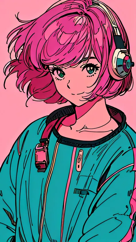 masterpiece, Street Fascion, Pink Hair, fluffy bob cut, Shoulder length, alone, Futuristic, still, praise, Retro, alley, High resolution, He laughs, The wind is blowing, ((Buckshot)), avert your eyes,  High resolution, Chillout, Wear headphones, Simple Background