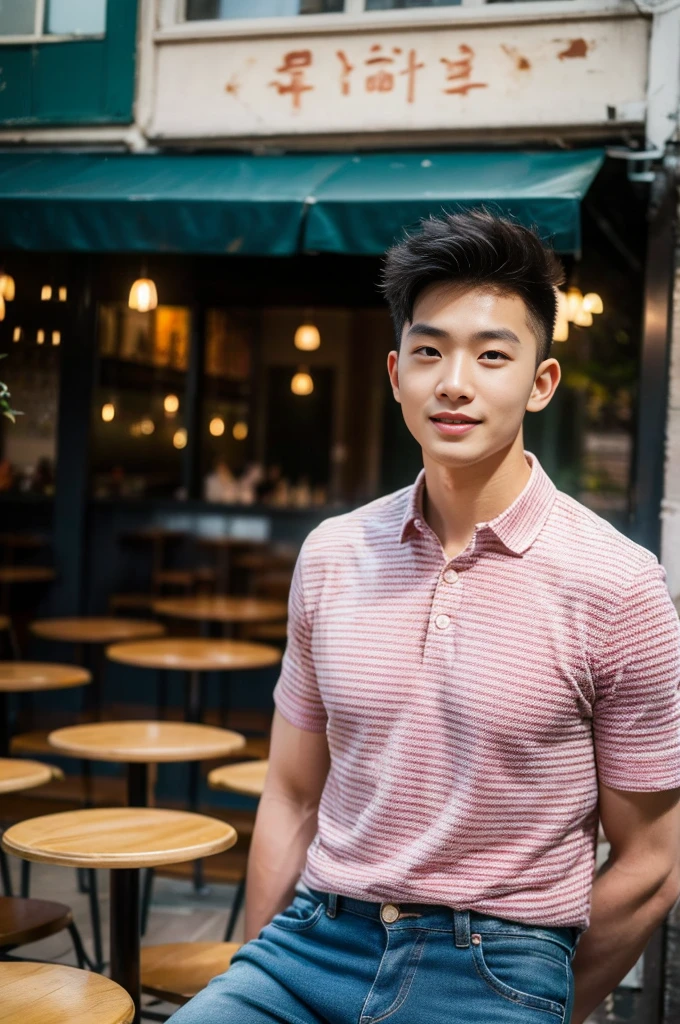 ((realistic daylight)) , Young Korean man in only a polo shirt, no stripes, and jeans., A handsome, muscular young Asian man looks at the camera.  , in the restaurant ,turn sideways, smile