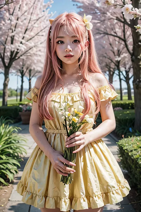 Young Asian woman with pink hair, wearing a yellow and pink dress, in a flowery environment with birds, beautiful and delicate y...