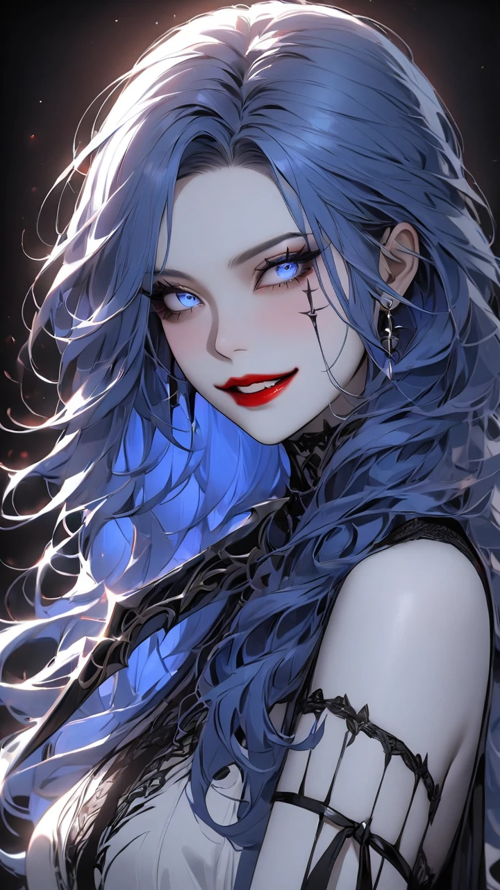 Highest quality、masterpiece、1 girl、Black background、Blue Hair:1.5、blue eyes、Red lips, White clothes、A world in black and white、A world in black and white、Pale skin、Side Blade, Wicked Smile 