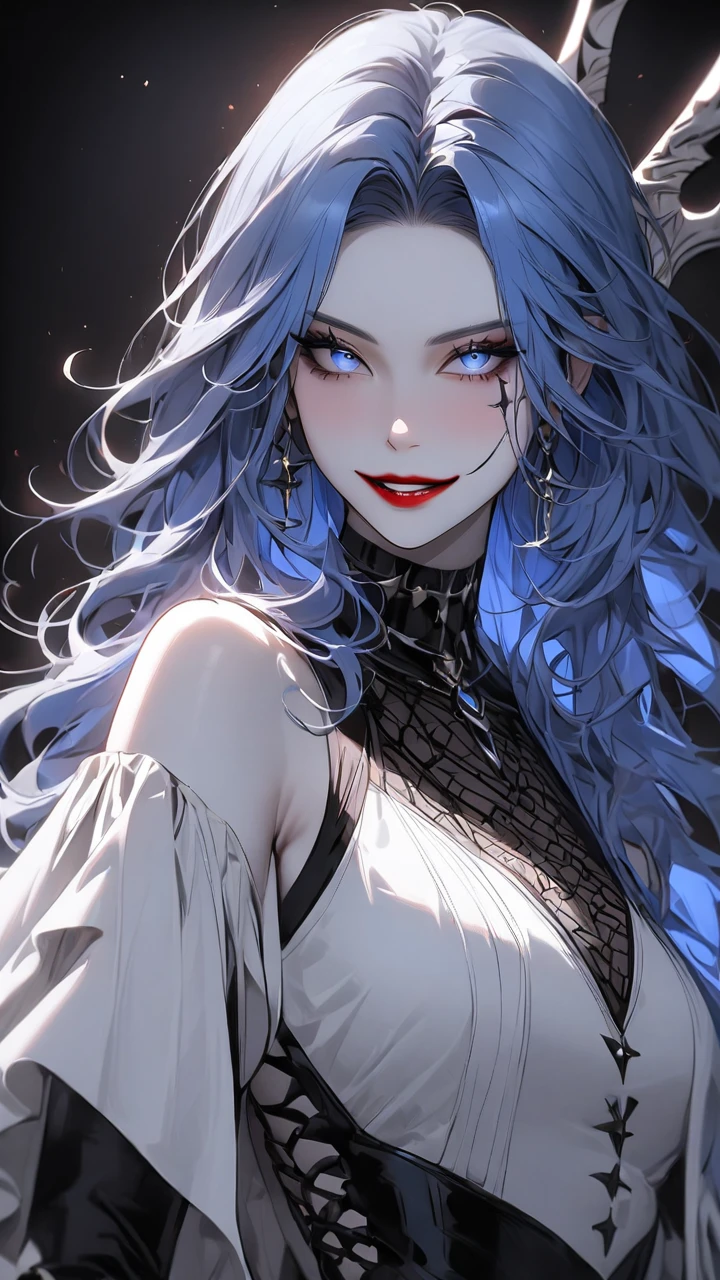 Highest quality、masterpiece、1 girl、Black background、Blue Hair:1.5、blue eyes、Red lips, White clothes、A world in black and white、A world in black and white、Pale skin、Side Blade, Wicked Smile 