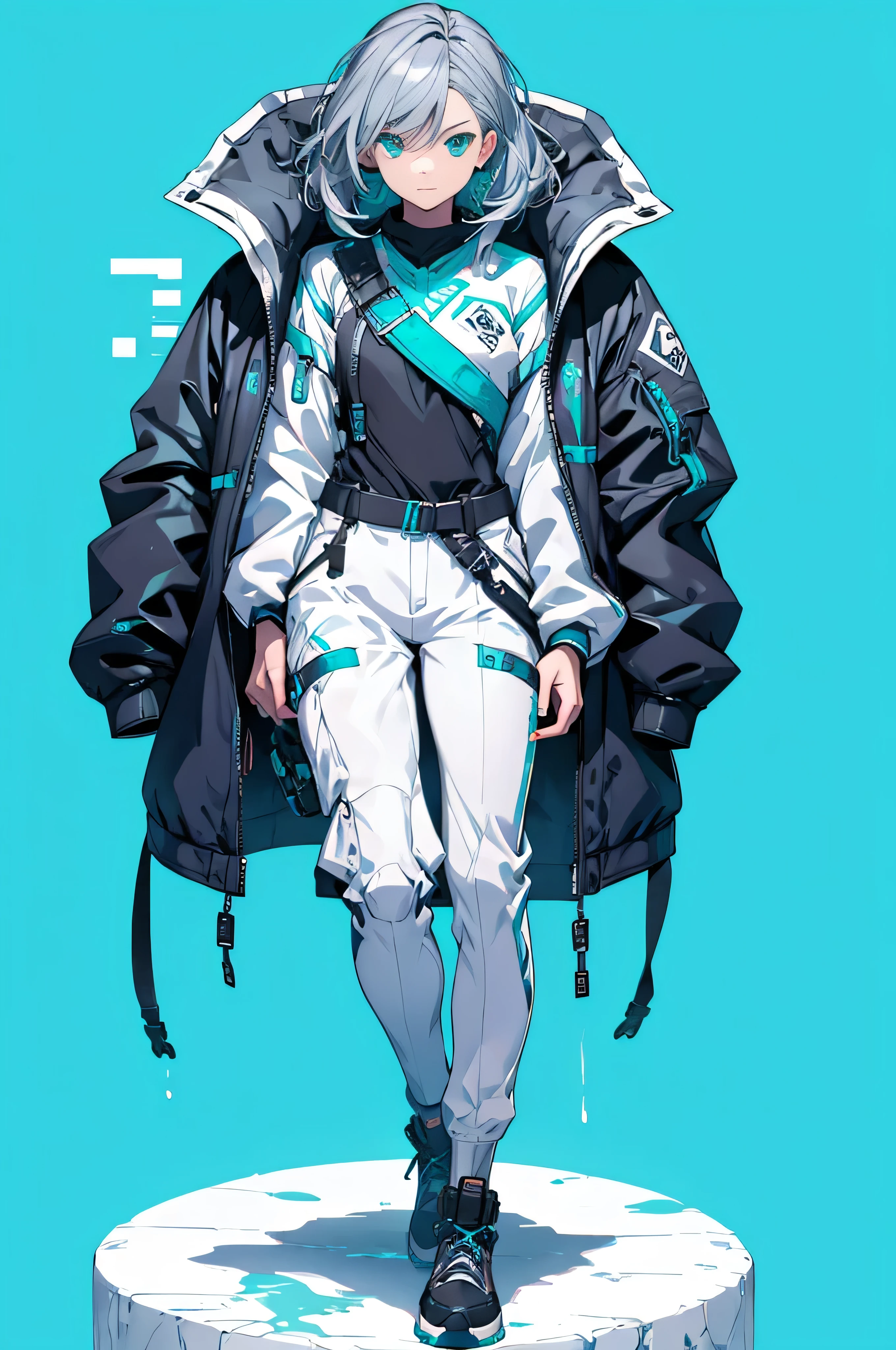 (Tabletop:1.2, Highest quality),  [One Girl, Expressionless, Turquoise Eyes, Gray Hair, Half Shortcut,White jacket,The jacket comes off, Leaning forward with hands on knees ,Upper Body]