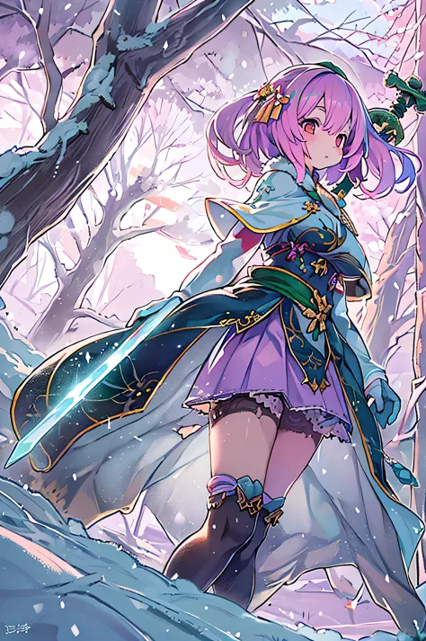 Extreme Detail, perfection, aerial photograph, Like a work of art, Anime girl with ice and snow sword, Her pink hair and long purple skirt complement each other well., Staring at Kami Ayakahara in the distance, Leads us to the world of the Genshin.