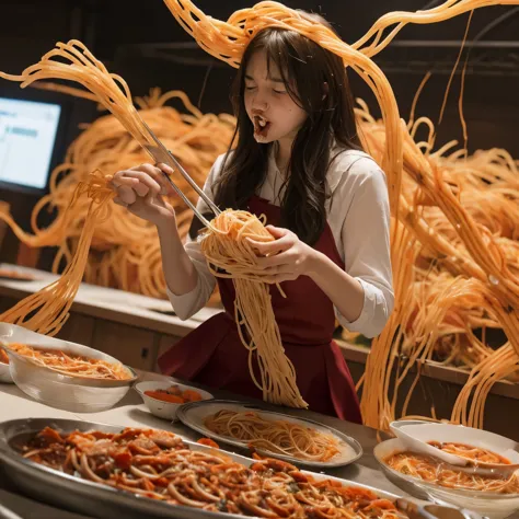 Accurately detailed Supergirl、Beautiful Hair、Accurate Supergirl costume、1/6th scale adult figure、(((A huge amount of spaghetti-like tentacle figures)))、Spaghetti-like tentacles wrap around the entire body、(Vomiting spaghetti chunks:1.8)、