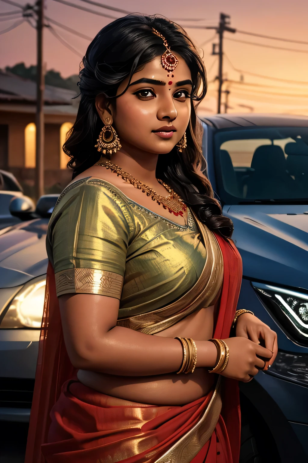 a chubby indian girl in a sari, beautiful detailed eyes,beautiful detailed lips,extremely detailed eyes and face,longeyelashes, washing a car, highly detailed, photorealistic, 8k, best quality, masterpiece, cinematic lighting, warm colors, glowing skin, intricate details