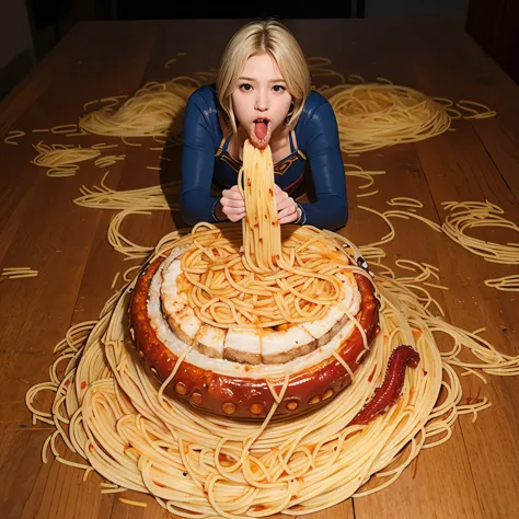 Accurately detailed Supergirl、Beautiful Hair、Accurate Supergirl costume、1/6th scale adult figure、(((A huge amount of spaghetti-like tentacle figures)))、Spaghetti-like tentacles wrap around the entire body、(Vomiting spaghetti:1.8)、