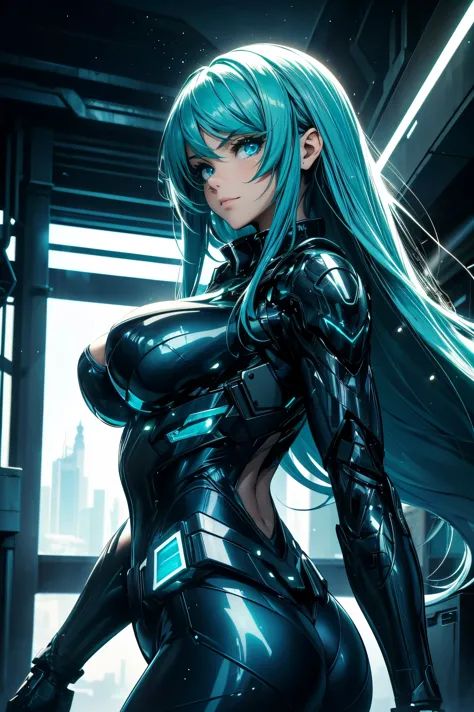 masterpiece , girl ,Big Breasts. Big Ass、Very long emerald hair , ((Sparkling Blue Eyes)) ,  slope , Perfect figure , ( Techwear:1.2) , cyber punk , future , Modern , in cyber punk city, A light smile , Detailed face ,, , (8k,  最high quality 1.2),  Very detailed, 8k uhd,, Soft lighting, high quality, Film Grain,   Beautiful lighting,, (Cinematic:1.4) ,Perfect body , Best lighting, Best Shadow,  Sharpness, Contrast,