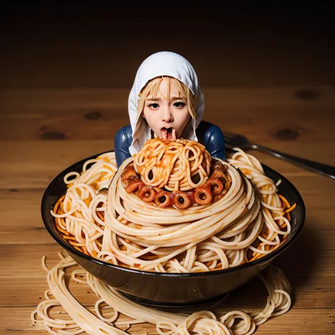 Accurately detailed Supergirl、Beautiful Hair、Accurate Supergirl costume、1/6th scale adult figure、(((A huge amount of spaghetti-like tentacle figures)))、Spaghetti-like tentacles wrap around the entire body、(Vomiting spaghetti chunks:1.8)、