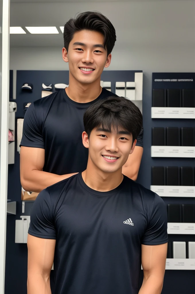 single: 1.5, (ที่TRUEแล้ว, Masterpiece, 8k HD, good light quality, sportswear, to fit the face, complicated details), A handsome Korean man with muscular arms.. , 20 years old, be happy, smile brightly, detailed face, delicate eyes, look at the sky, Wear a navy tight T-shirt.:1.6 ., black eyes, Black hair color, ผมsmooth, smooth，SurTRUE，Excellent details，Highest quality，TRUE，Open your mouth to talk.. , Close your eyes.., (standing in a mobile phone shop:1.5)