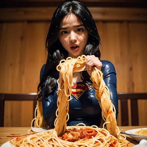 Accurately detailed Supergirl、Black Hair、Accurate Supergirl costume、1/6th scale adult figure、(((A huge amount of spaghetti-like tentacle figures)))、Spaghetti-like tentacles wrap around the entire body、(Vomiting spaghetti chunks:1.8)、