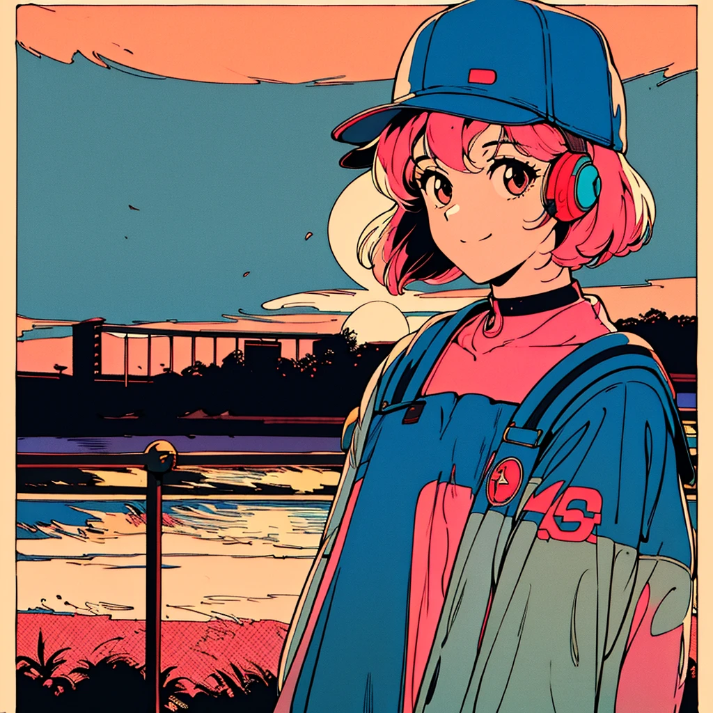 masterpiece, City Pop Style, Pink Hair, fluffy bob cut, Wear headphones, Shoulder length, alone, Futuristic, still, praise, Retro, Vintage, Ghost, A light smile, Baseball cap, sunset, Beach, avert your eyes, Buckshot