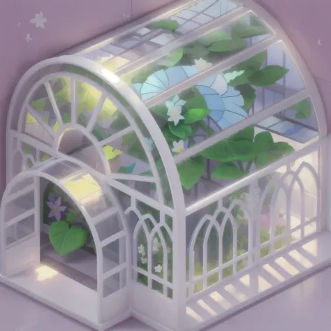 a greenhouse，Glass material，White metal frame，Blooming flowers、Romantic greenhouse、Glass greenhouse、Embrace the greenhouse、White greenhouse、Vines climbing on greenhouse、Flowers on the vine、Flower beds surround the greenhouse building，The delicate and gorgeous growth of plants、Gothic arched frame、vines and flowers、greenhouse in the background，Clarity，HD，Play Style，high quality，symmetry，4K