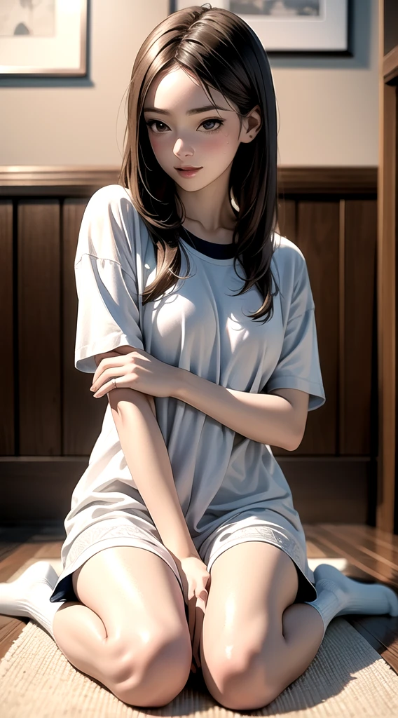 indoor, bedroom, ((W-shaped sitting on the floor)), , Long hair, Brown hair, Brown eyes, (Perfect skin, Realistic skin), Qingfu, White shirt, White socks, White, Exquisite fabric highlights, Sexy:1.1, Smile, blush:1.2,  Takagi Sensei First Style, (masterpiece:1.4, best quality:1.4, Intricate details, high resolution, 8K, 4K, Ultra HD, Ultra Detailed 8K CG, 超high resolution, High quality textures, High quality shadows, HDR), National Foundation