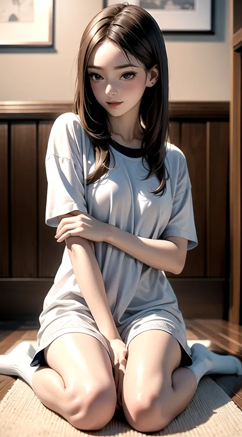 indoor, bedroom, ((w-shaped sitting on the floor)), , long hair, brown hair, brown eyes, (perfect skin, realistic skin), qingfu,...