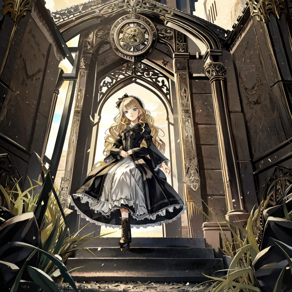 A woman wearing a dress and boots is standing in front of a building, Baroque Dress, Detailed steampunk dress, Elegant Gothic Princess, Victorian Gothic Lolita Fashion, 歴史的なBaroque Dressダーク, Black Gothic Lolita Dress, Fantasy style clothing, Rococo Dress, Black Rococo, Classic witch, Fantasy Costume, wearing a Gothic Dress, romantic dress, Gothic Dress, sit, Spread your legs, Looking from directly below, Drawers, underwear