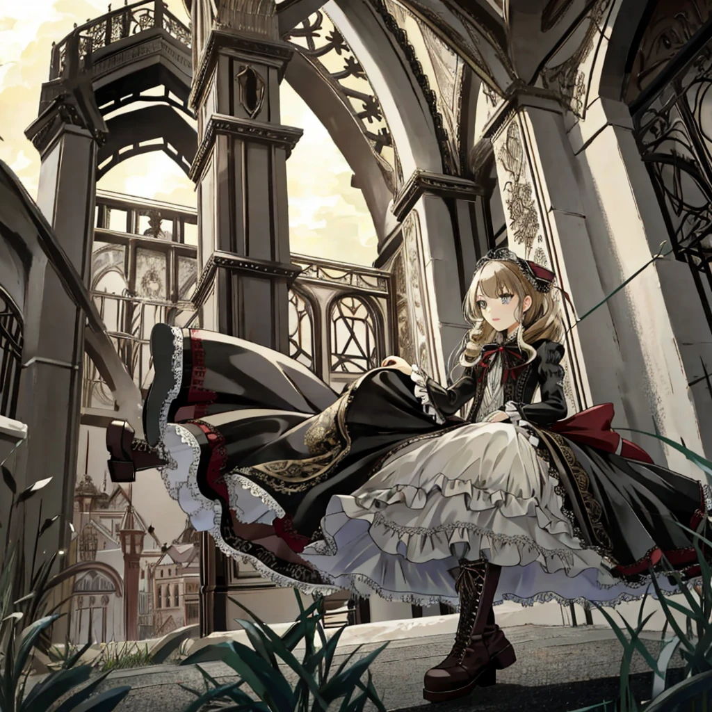 A woman wearing a dress and boots is standing in front of a building, Baroque Dress, Detailed steampunk dress, Elegant Gothic Princess, Victorian Gothic Lolita Fashion, 歴史的なBaroque Dressダーク, Black Gothic Lolita Dress, Fantasy style clothing, Rococo Dress, Black Rococo, Classic witch, Fantasy Costume, wearing a Gothic Dress, romantic dress, Gothic Dress, sit, Spread your legs, Looking from directly below, Drawers, underwear