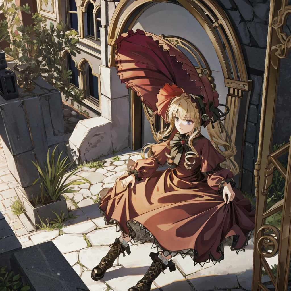 A woman wearing a dress and boots is standing in front of a building, Baroque Dress, Detailed steampunk dress, Elegant Gothic Princess, Victorian Gothic Lolita Fashion, 歴史的なBaroque Dressダーク, Black Gothic Lolita Dress, Fantasy style clothing, Rococo Dress, Black Rococo, Classic witch, Fantasy Costume, wearing a Gothic Dress, romantic dress, Gothic Dress, sit, Spread your legs, Looking from directly below, Drawers, underwear