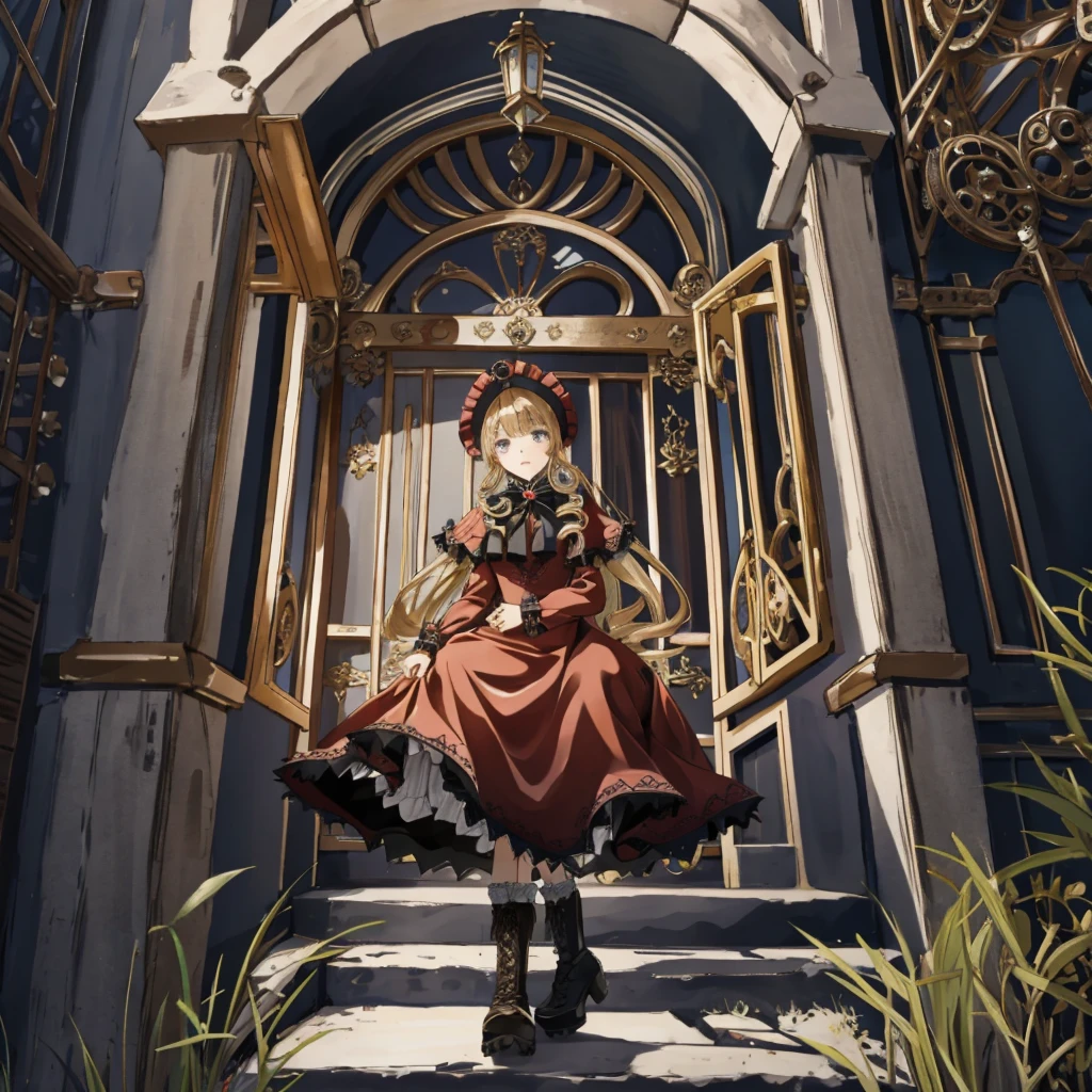 A woman wearing a dress and boots is standing in front of a building, Baroque Dress, Detailed steampunk dress, Elegant Gothic Princess, Victorian Gothic Lolita Fashion, 歴史的なBaroque Dressダーク, Black Gothic Lolita Dress, Fantasy style clothing, Rococo Dress, Black Rococo, Classic witch, Fantasy Costume, wearing a Gothic Dress, romantic dress, Gothic Dress, sit, Spread your legs, Looking from directly below, Drawers, underwear