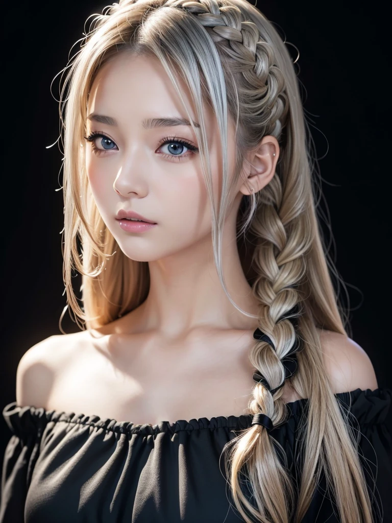 anime, face, Braided curly blonde hair, Iris, Long Hair, black&Silver off-shoulder、Black background, faceのクローズアップ、masterpiece、Highest quality、Ultra high definition、High resolution、笑faceで、faceのクローズアップ,