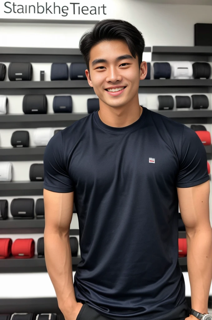 single: 1.5, (ที่TRUEแล้ว, Masterpiece, 8k HD, good light quality, sportswear, to fit the face, complicated details), A handsome Korean man with muscular arms.. , 20 years old, be happy, smile brightly, detailed face, delicate eyes, look at the sky, Wear a navy tight T-shirt.:1.6 ., black eyes, Black hair color, ผมsmooth, smooth，SurTRUE，Excellent details，Highest quality，TRUE，Open your mouth to talk.. , Close your eyes.., (standing in a mobile phone shop:1.5)