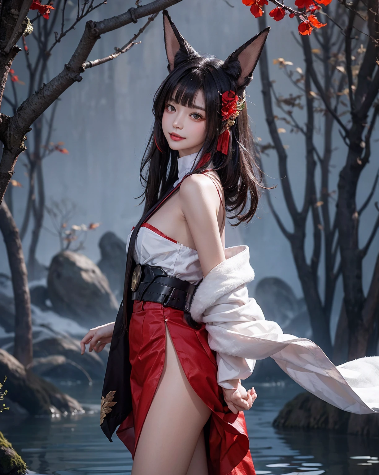 masterpiece, best quality, highest resolution, 16K, RAW photos,(realistic인:1.45),  (reality _ realistic_ raw photo), (whole body),standing,  (cowboy shot), dynamic pose, Red kimono with black floral pattern,(Open shoulder),  1 woman with fox ears and fox tail, Akagi_\(azur lane\), short skirt, black high heels, long black hair, animal ears, black fox ears, down, 동물 down,  Animal tails, white fox tail,  여러개의 white fox tail, medium chest, 붉은 색  eye, japanese garden, lake, various flowers and trees, very detailed,  beautiful face, eye, nose, mouth, 붉은 색 mouth술, smile, Slim body with perfect proportions, realistic 매끈한 피부결, White skin, nice medium ass, slender long legs, perfect pretty hands, finger, official art, Upper body focus, (face), sunlight , professional photography