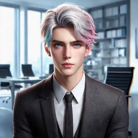 Handsome boy, blue eyes, white hair highlighted with pink and turquoise, expressionless, wearing black formal suit, CEO office b...