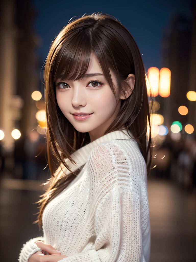 One Girl,(White sweater:1.4),(Fur trim,:1.2), (RAW Photos, Highest quality), (Realistic, Photorealistic:1.4), Tabletop, Very delicate and beautiful, Very detailed, 8k wallpaper, wonderful, In detail, Highly detailed CG unification, High resolution, Soft Light, Beautiful and detailed 19 year old girl, Very detailed目と顔, Beautifully detailed nose, Beautiful attention to detail,Cinema Lighting,City lights at night,Perfect Anatomy,Slender body,smile (My hair is messy, Asymmetrical bangs, Light brown hair,)