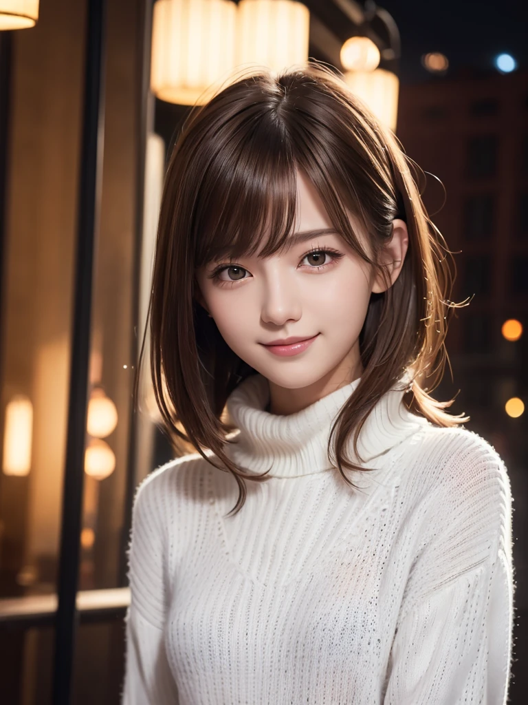 One Girl,(White sweater:1.4),(Fur trim,:1.2), (RAW Photos, Highest quality), (Realistic, Photorealistic:1.4), Tabletop, Very delicate and beautiful, Very detailed, 8k wallpaper, wonderful, In detail, Highly detailed CG unification, High resolution, Soft Light, Beautiful and detailed 19 year old girl, Very detailed目と顔, Beautifully detailed nose, Beautiful attention to detail,Cinema Lighting,City lights at night,Perfect Anatomy,Slender body,smile (My hair is messy, Asymmetrical bangs, Light brown hair,)