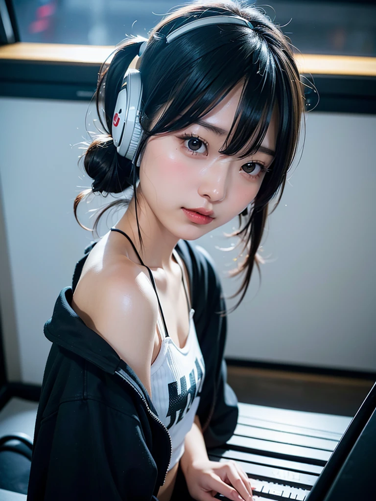 Mulher japonesa de 40 anos、Cabelo preto、O cabelo é muito curto、Caudas duplas、Fato de Hatsune Miku、fones de ouvido、Peito plano、realista photos、realista、Qualidade 8k、caro、sem franja、Alta resolução, mais alta qualidade, Anatomicamente correto, Vencedor de vários prêmios, ultra-alta definição, Locais para apresentações ao vivo、tocando o piano、foto grande angular, 