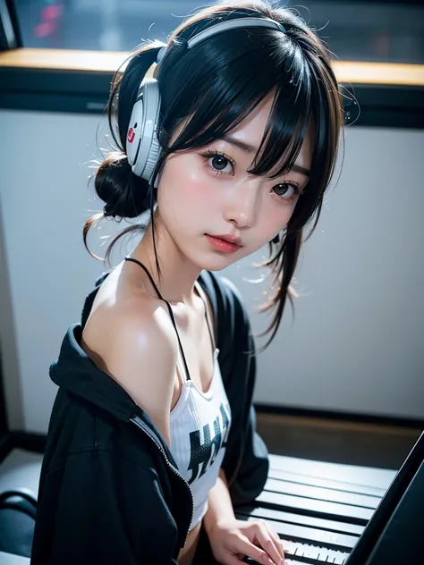 40-year-old Japanese woman、Black Hair、Hair is very short、Twin tails、Hatsune Miku Costume、Headphones、Flat Chest、Realistic photos、...