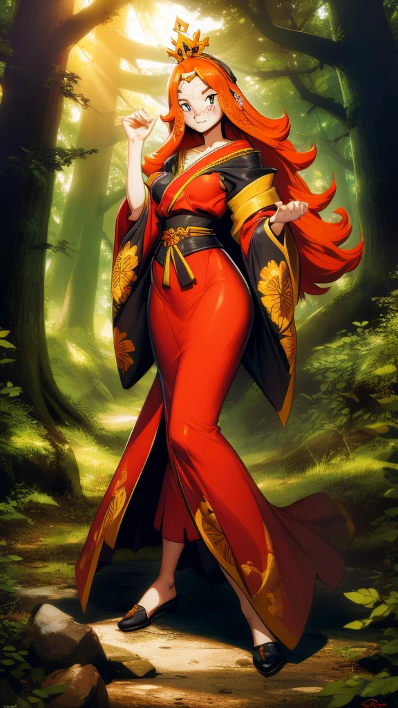 genzoman style, Full-body shot, 18 years old princess bard, (signing),  striking figure, long ginger hair, wavy hairs, fair skin, (((freckles))), innocent and regal appearance, expressive eyes filled with curiosity and determination, slender frame, elegant grace, ornate orange kimono with black and white borders, feather crown, in a forest, genzoman style