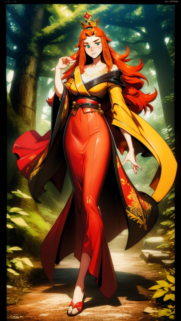 genzoman style, Full-body shot, 18 years old princess bard, (signing),  striking figure, long ginger hair, wavy hairs, fair skin, (((freckles))), innocent and regal appearance, expressive eyes filled with curiosity and determination, slender frame, elegant grace, ornate orange kimono with black and white borders, feather crown, in a forest, genzoman style