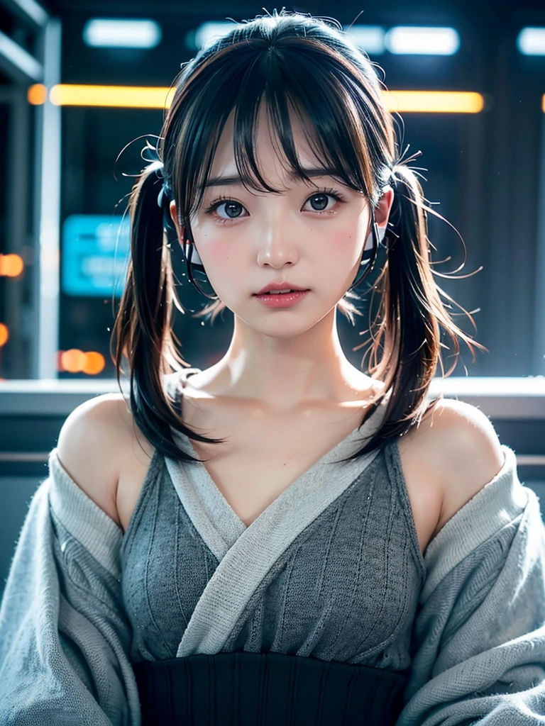 40-year-old Japanese woman、Black Hair、Hair is very short、Twin tails、Hatsune Miku Costume、Headphones、Flat Chest、Realistic photos、Realistic、8K quality、expensive、No bangs、High resolution, Highest quality, Anatomically correct, Winner of numerous awards, Wide-angle shot, Rainbowな背景、Rainbow、Rainbowな飛沫、