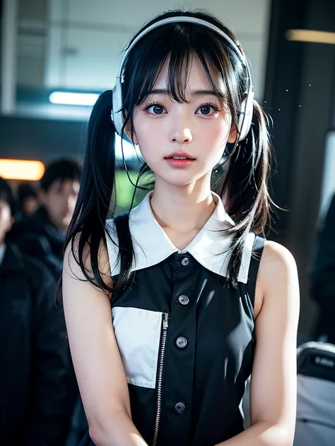 40-year-old Japanese woman、Black Hair、Hair is very short、Twin tails、Hatsune Miku Costume、Headphones、Flat Chest、Realistic photos、...