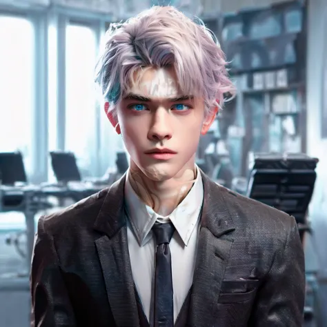 handsome boy, blue eyes, white hair highlighted with pink and turquoise, expressionless, wearing black formal suit, ceo office b...