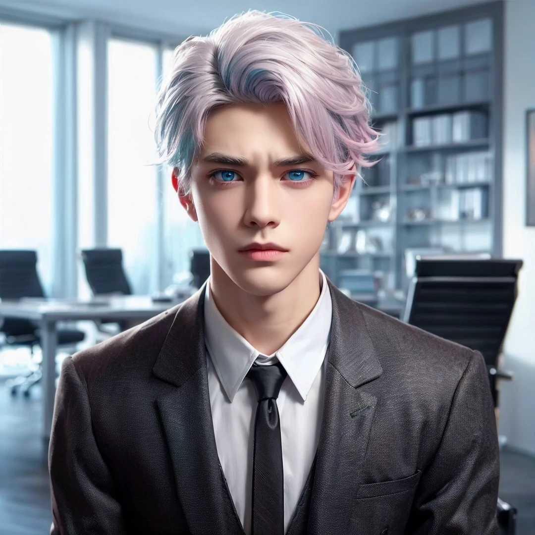 Handsome boy, blue eyes, white hair highlighted with pink and turquoise, expressionless, wearing black formal suit, CEO office background