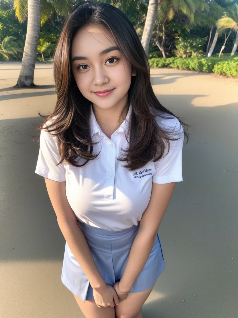 1girl, solo, (uniform), standing, at the beach, face at center frame, beautifully ocean scenery, detailed face, seductive smile, detailed eyes, thick breasts, smooth skin, tight white shirt, grey blue short skirt, looking at the audience, low angle shot,(8k, RAW photo, best quality, masterpiece: 1.2), (realistic, realistic: 1.37), ultra-high resolution