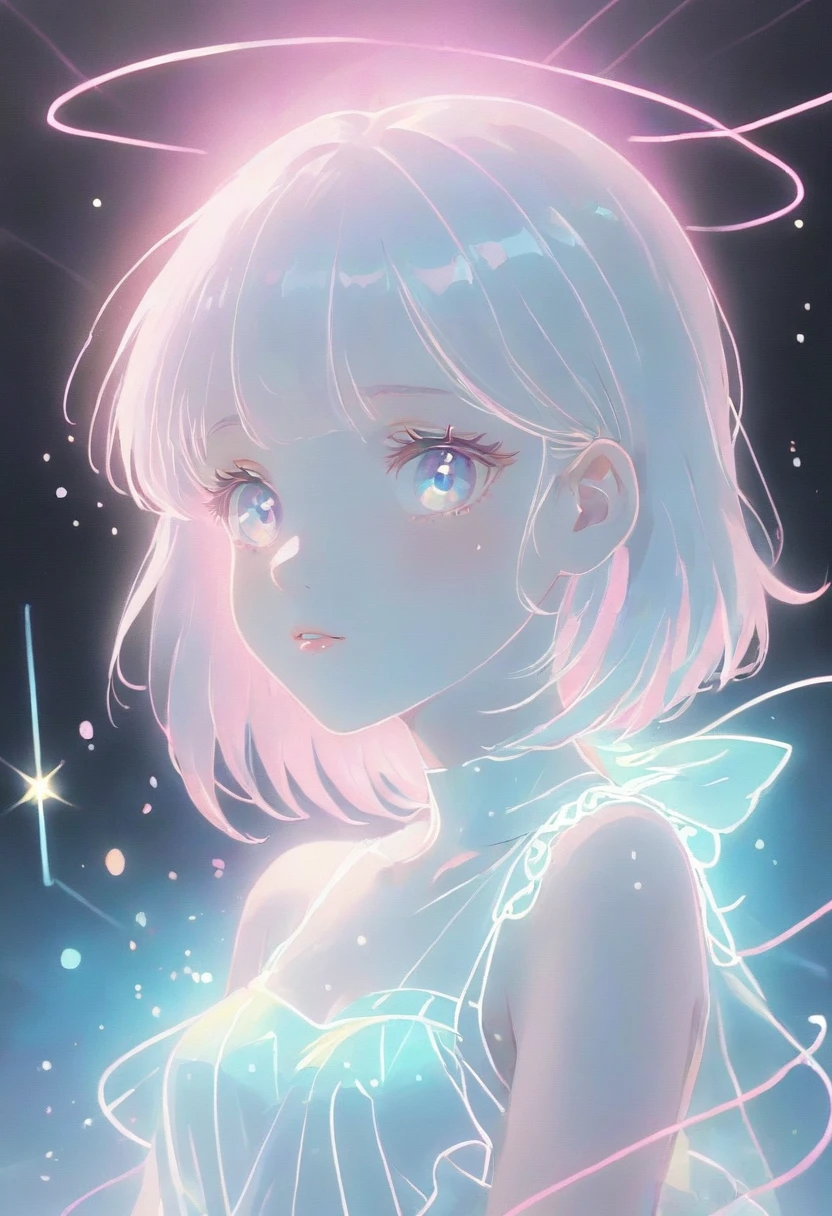 1 Girl, Wearing a white dress, (Shiny pastel color theme:1.3), White, Light pink hair, light blue, portrait, (((Glowing white neon line art)))