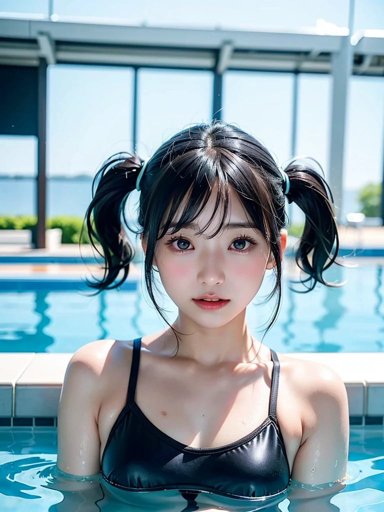 Mulher japonesa de 40 anos、Cabelo preto、O cabelo é muito curto、Caudas duplas、Fato de Hatsune Miku、fones de ouvido、Peito plano、realista photos、realista、Qualidade 8k、caro、sem franja、Alta resolução, mais alta qualidade, Anatomicamente correto, Vencedor de vários prêmios, Trajes de banho、À beira da piscina