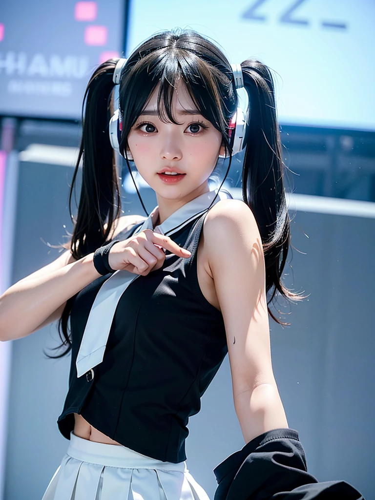 40-year-old Japanese woman、Black Hair、Hair is very short、Twin tails、Hatsune Miku Costume、Headphones、Flat Chest、Realistic photos、Realistic、8K quality、expensive、No bangs、High resolution, Highest quality, Anatomically correct, Winner of numerous awards, LIVE Venue、Singing on a microphone、Headphones
