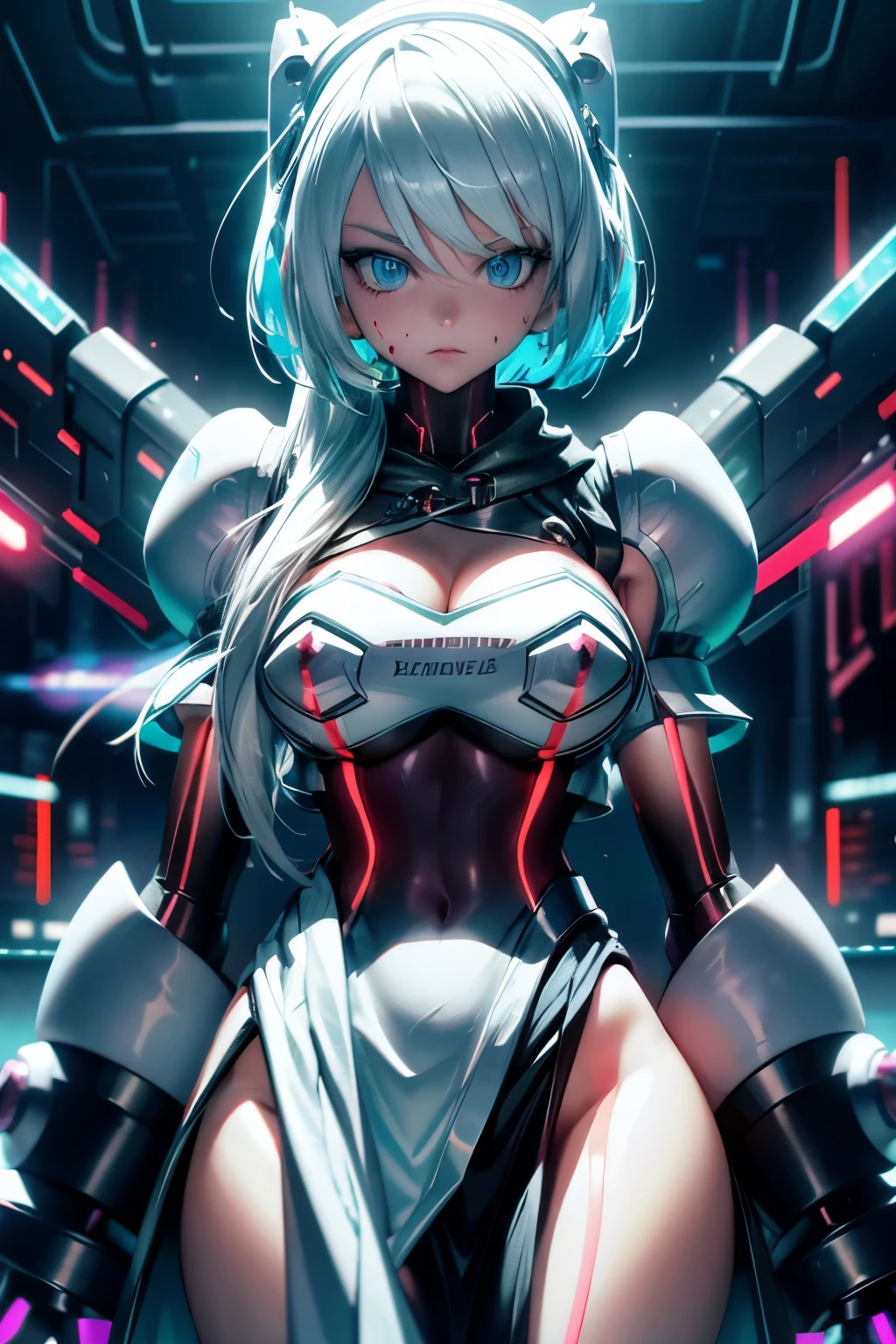 Android Girl,white hair,short and messy hair, purple neon eyes, Holding a chain whip,chains on the hands,chains action, chains around her arm, very cute, skirt, white blouse, cyberpunk style, eletronic gloves, mecanic parts, eletronic details,living room background.HD lighting and dark )(epic image quality) dark atmosphere with bright particle light(many effects in background), dinamic shot, robot, neon tweaks, cyberpunk theme