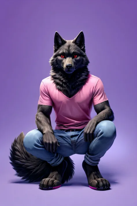 Male black wolf furry squat pose legs open look front blue pink background red eyes blue pink background jeans and pink shirts fluffy tail