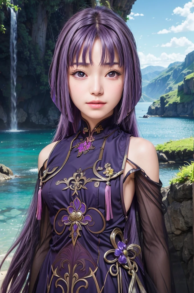 masterpiece, best quality, (realistic,photo-realistic:1.4), (RAW photo:1.2), extremely detailed CG unity 8k wallpaper, delicate and beautiful, amazing,finely detail, official art, absurdres, incredibly absurdres, huge filesize, ultra-detailed,extremely detailed eyes and face,light on face,sumire kakei,(little smile),(purple hair:1.4),(long hair:1.6),(wearing dress:1.4),garden,(nature background:1.5)