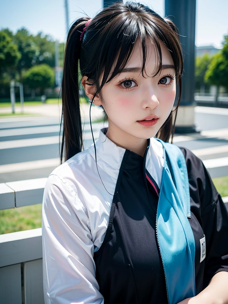 40세 일본 여성、흑발、머리가 아주 짧다、트윈 테일、Hatsune Miku Costume、헤드폰、편평한 가슴、현실적인 photos、현실적인、8K 품질、값비싼、앞머리 없음、높은 해상도, 최상의 품질, 해부학적으로 정확하다, 수많은 상을 수상한, 무대、노래하고 있다、