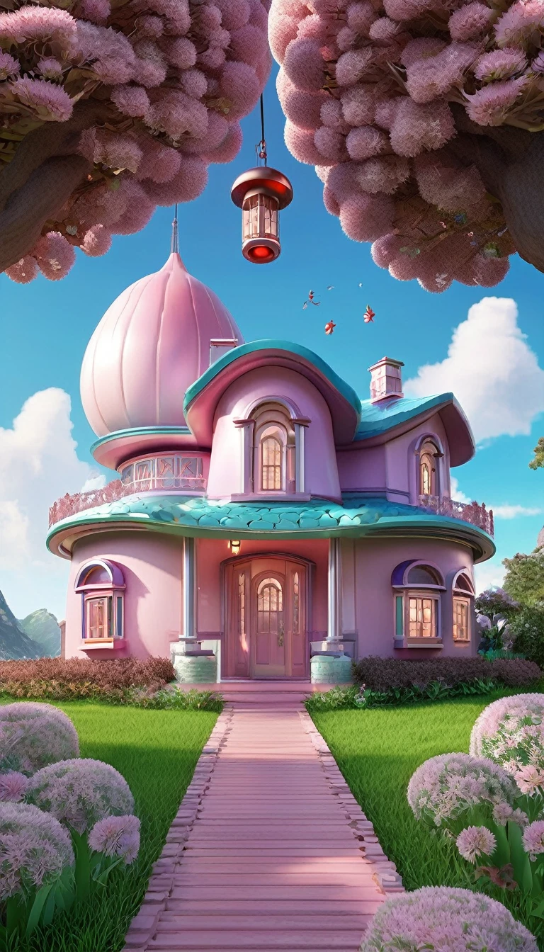 A lychee-shaped house，Super big and cute，Pink，Cartoon，3d,Disney animation style，panoramic，Super Fine，Ultra Detail，Ultra HD