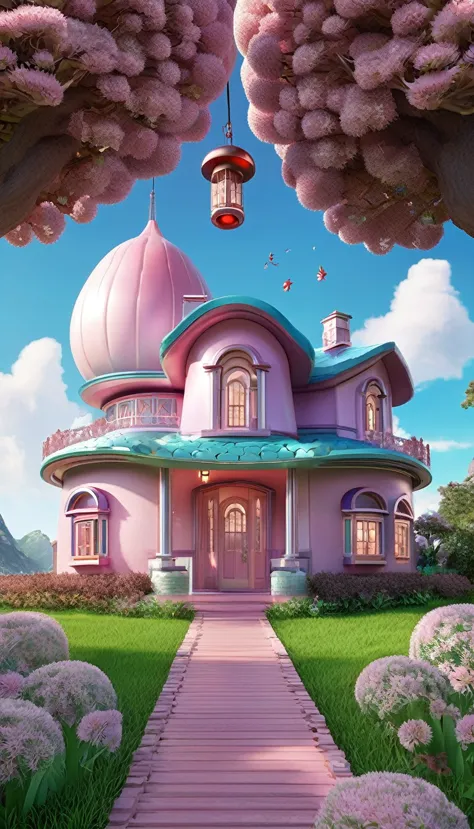 a lychee-shaped house，super big and cute，pink，cartoon，3d,disney animation style，panoramic，super fine，ultra detail，ultra hd